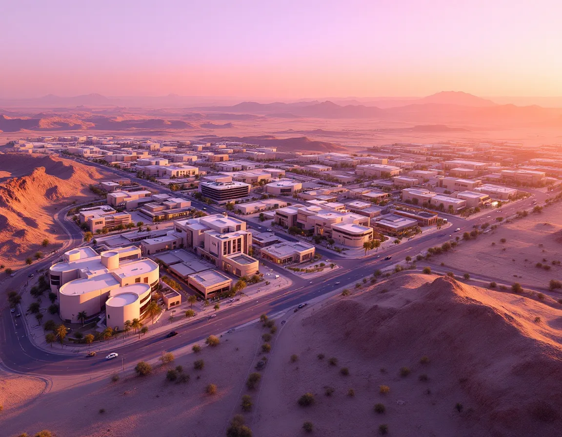 Aerial masterplan render of a mixed-use desert development